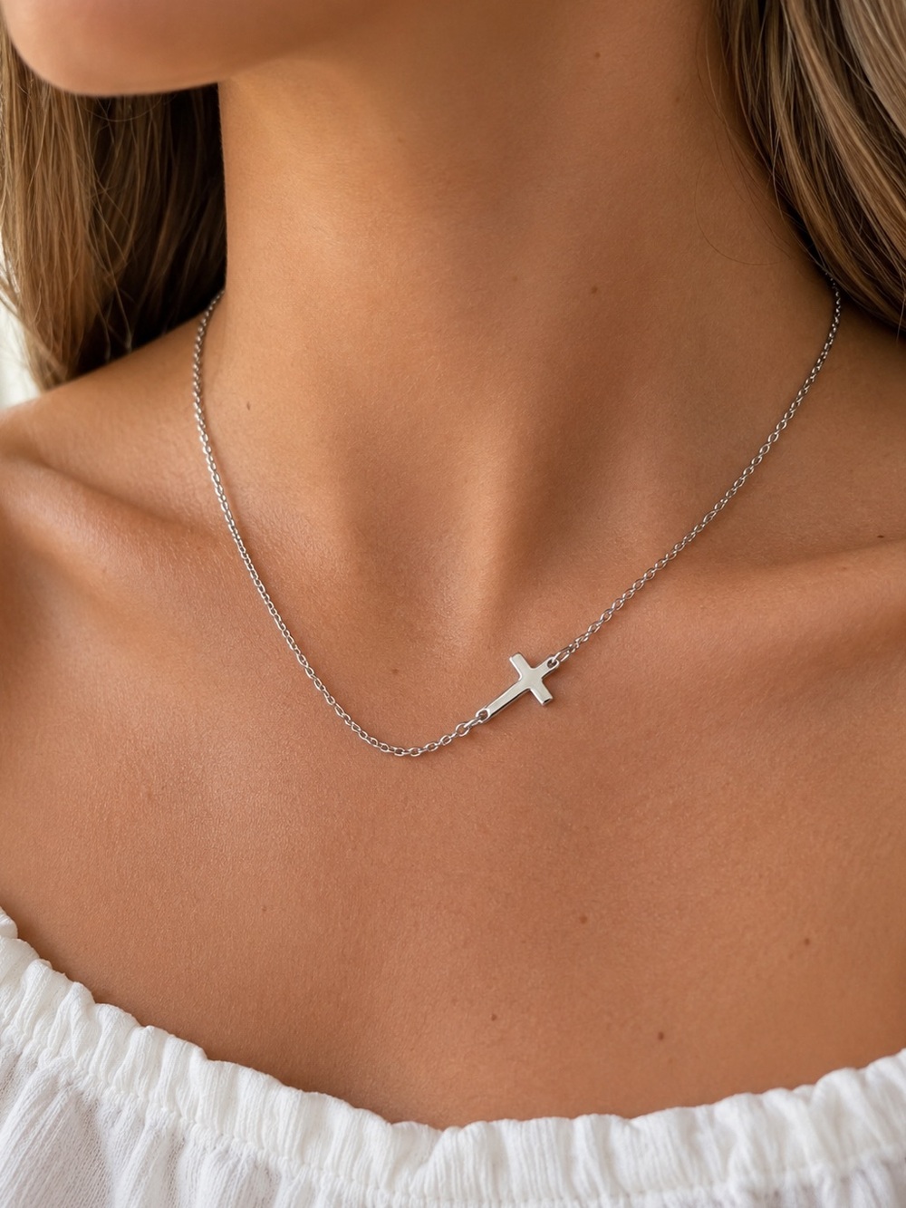 Silver Sideways Cross Necklace Waterproof Stainless Steel Hypoallergenic